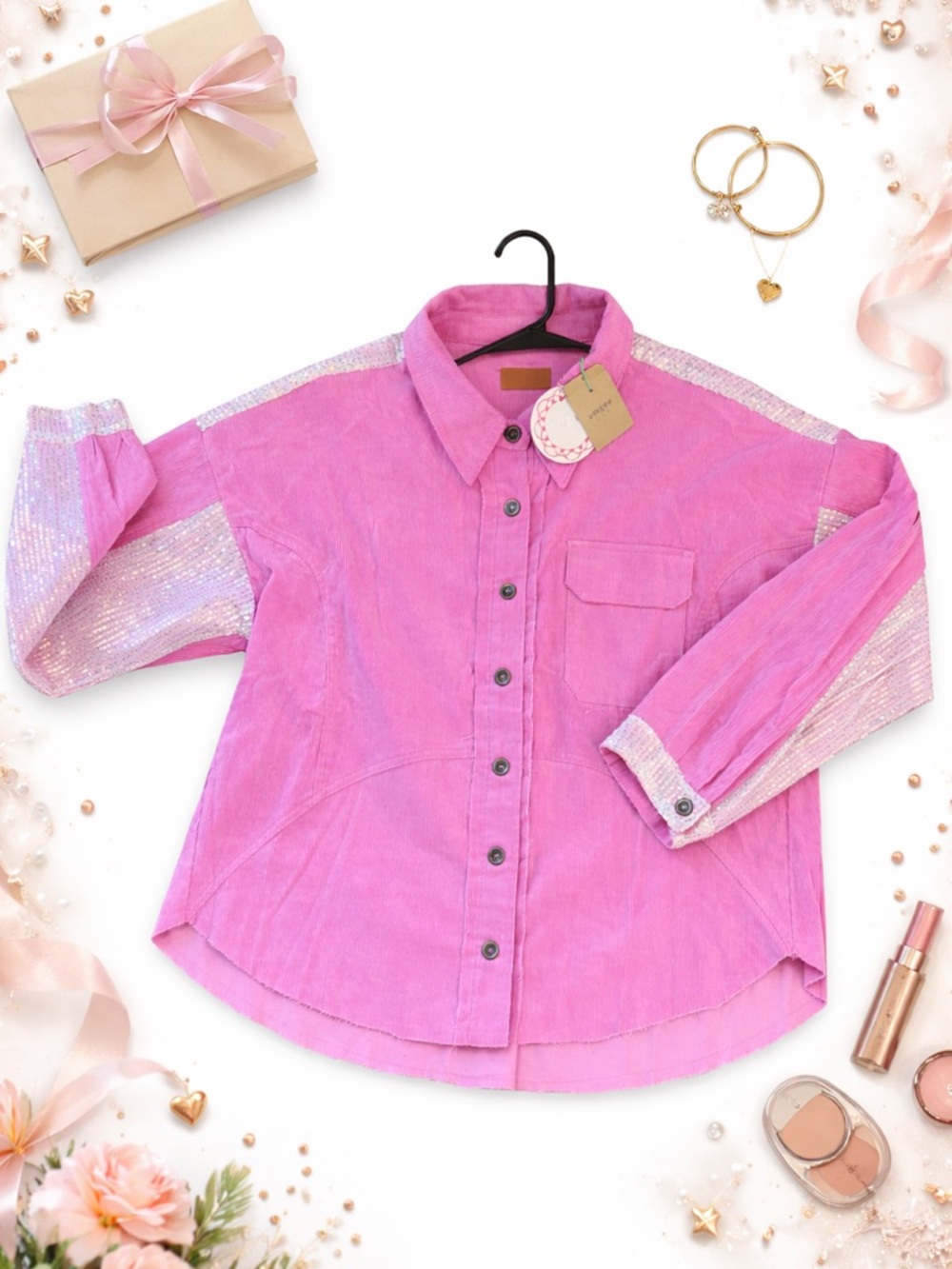 Umgee Pink Sequin-Accent Button Down Shirt